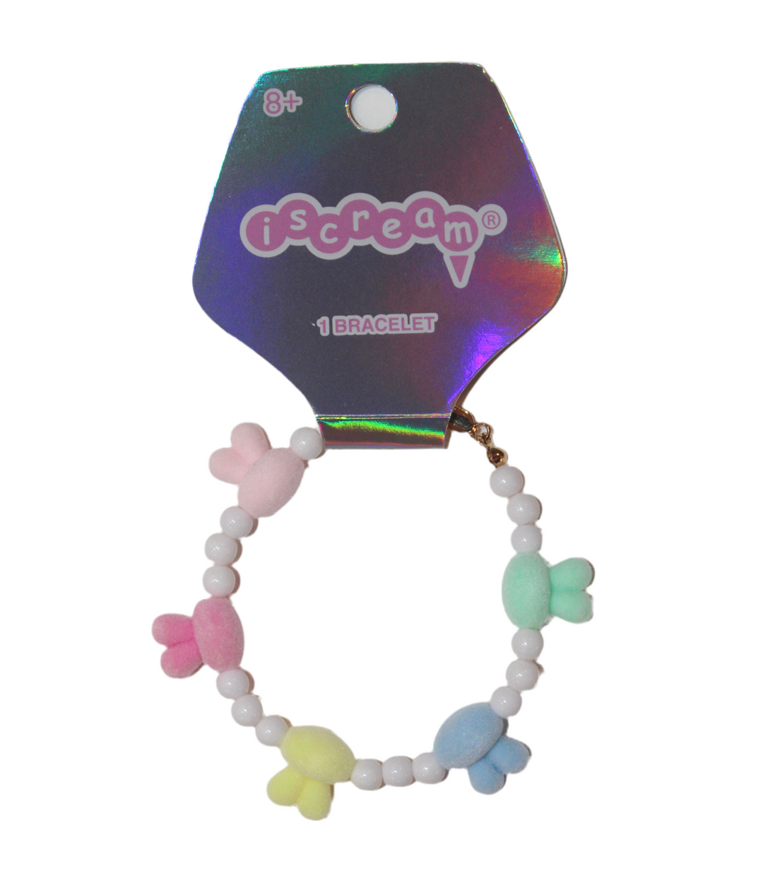 Colorful butterfly bracelet with 'iscream' packaging on a white background