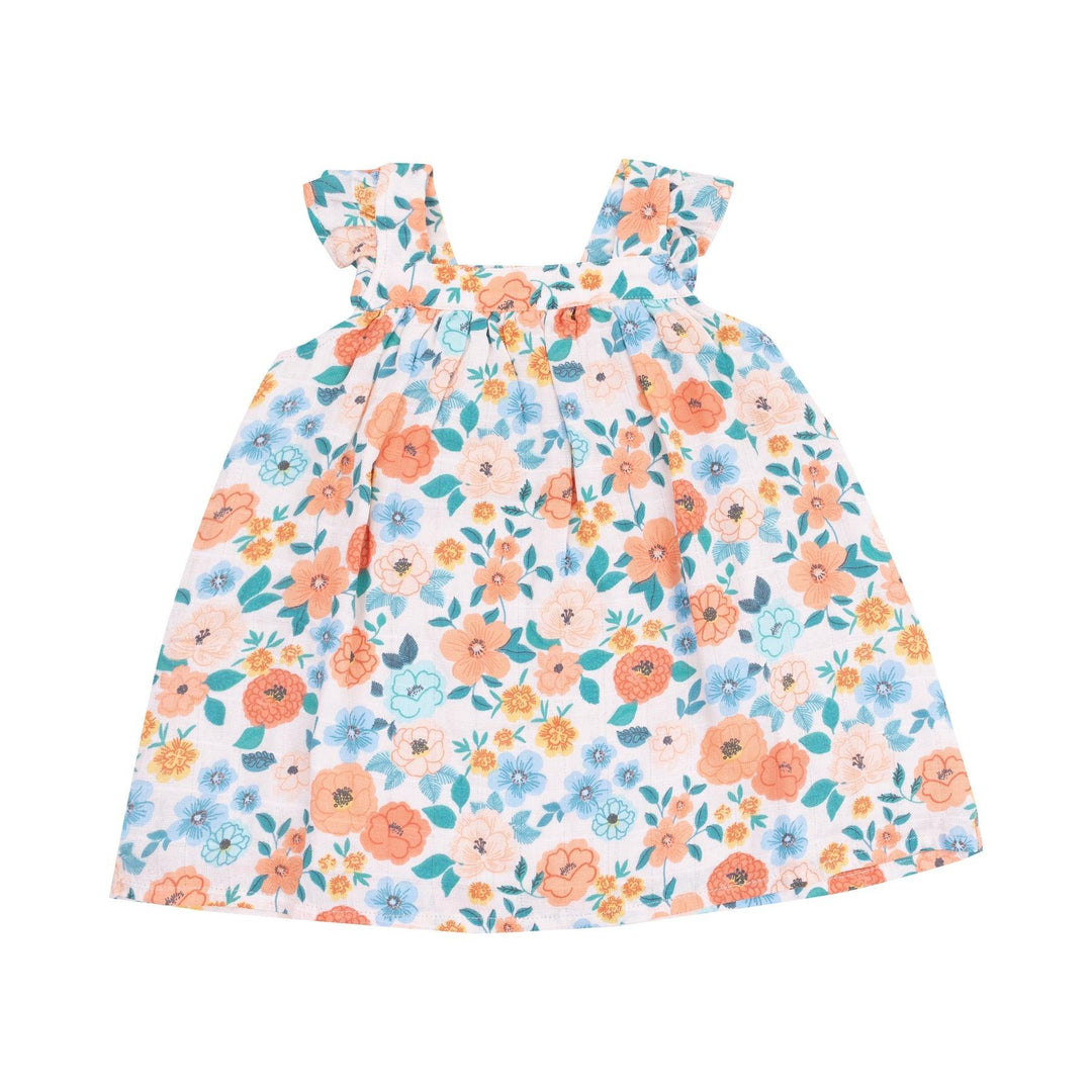 girls a-line floral dress sleeveless with ruffle at the sleeves. turquoise, orange and peach flowers all over the dress. 