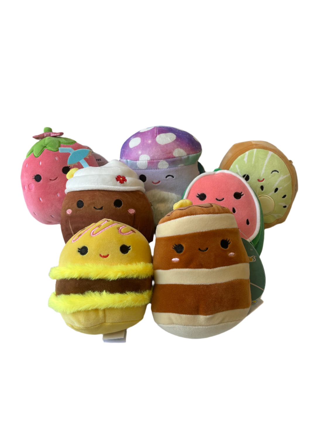 Set of colorful plush toys shaped like food items 