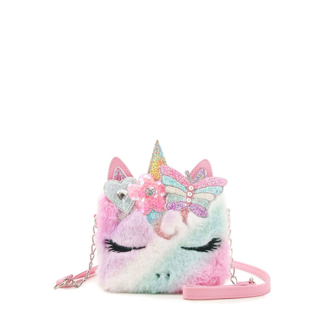 furry unicorn bag topped with butterfly, unicorn horn and ears. front of unicorn is an ombre look wtih eyelashes. 