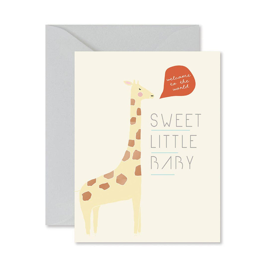Greeting card with a giraffe illustration and text 'Sweet little baby' on a white background.