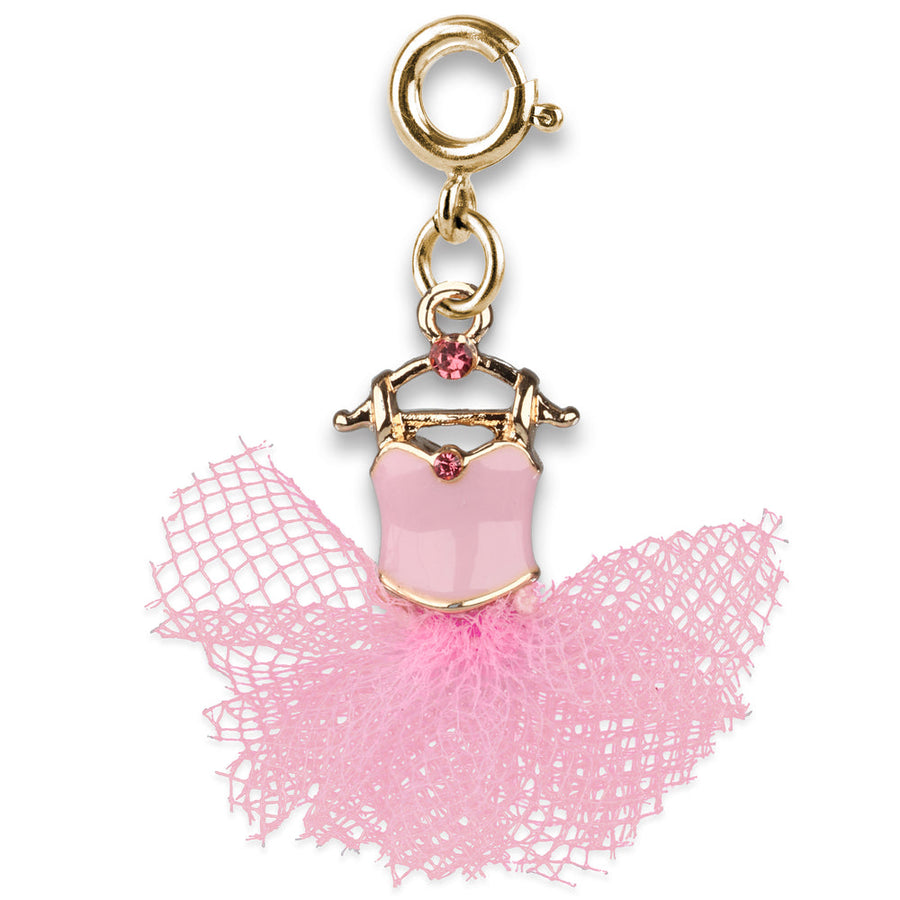 Pink ballerina charm with gold details on a white background