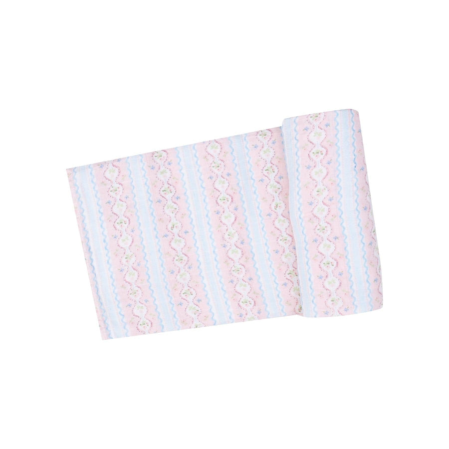 ogee floral swaddle with blue stripes and pink floral stripes. 