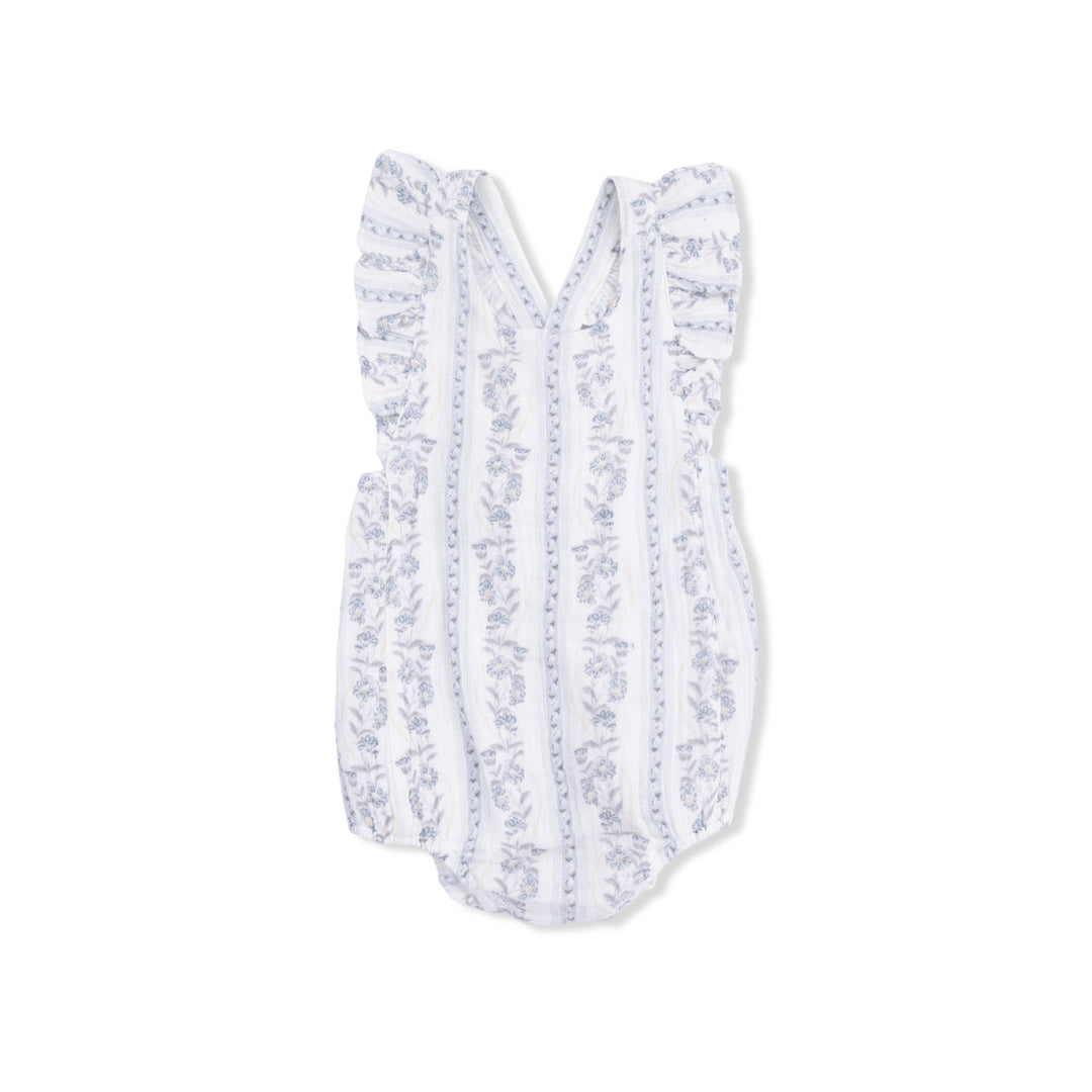 White baby romper with blue floral pattern on a white background