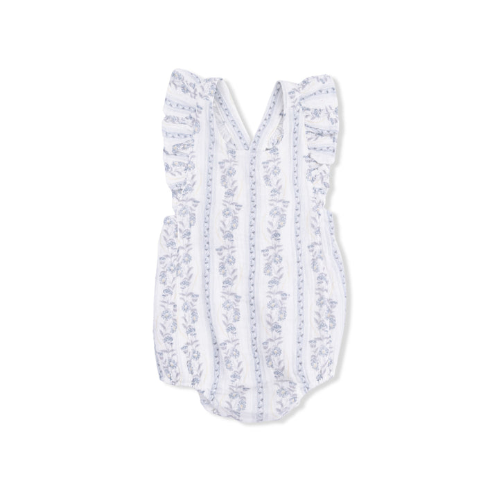 White baby romper with blue floral pattern on a white background