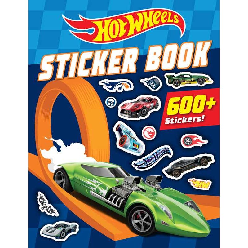 Hot Wheels sticker book cover with a green car, orange track, and multiple stickers on a blue background.