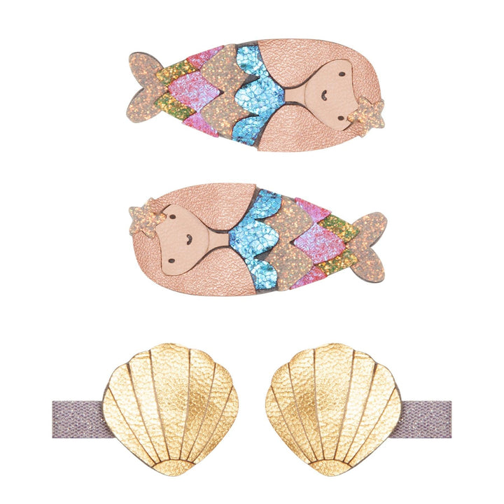 set of 4 hair clips: 2 are mermaid and 2 are seashell. 