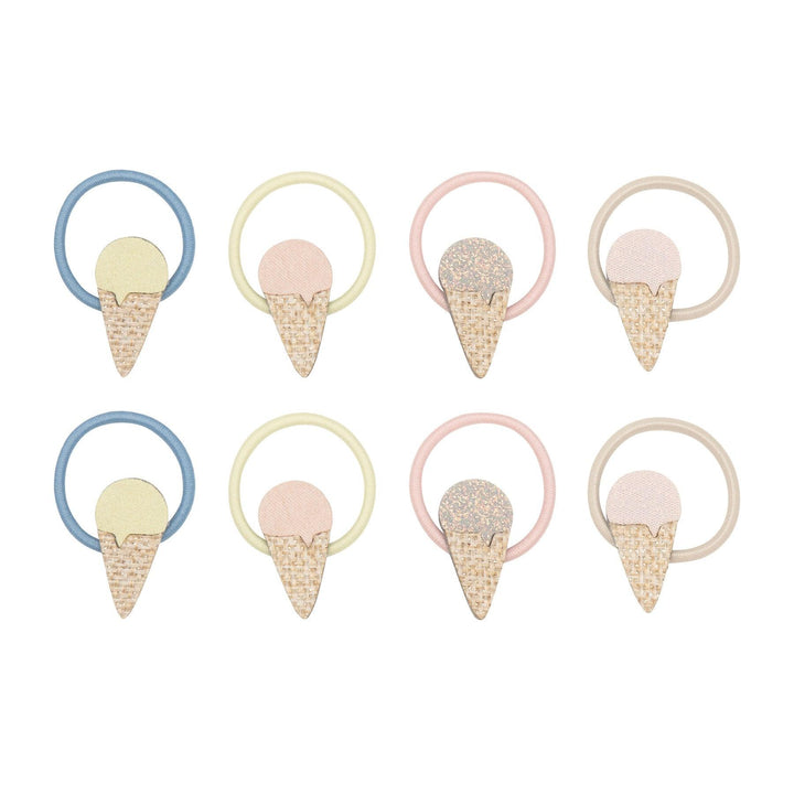 ice cream cones in pastel colors attached to the ponytail holders.