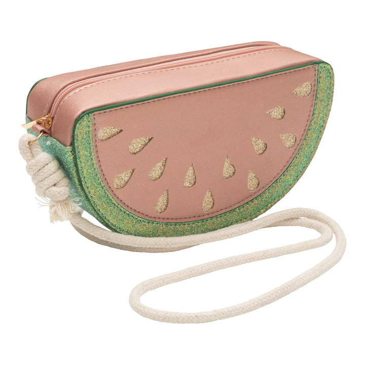 watermelon handbag with crossbody strap. pink watermelon with green glitter trim and gold glitter seeds
