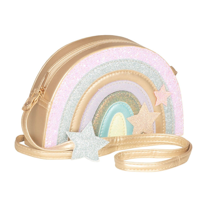 glitter pastel colors rainbow handbag with crossbody bag. gold backing. 