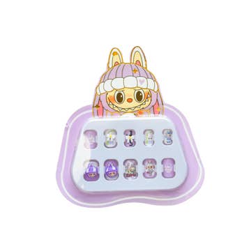 Kawaii character with a purple case containing small press on nails  on a white background