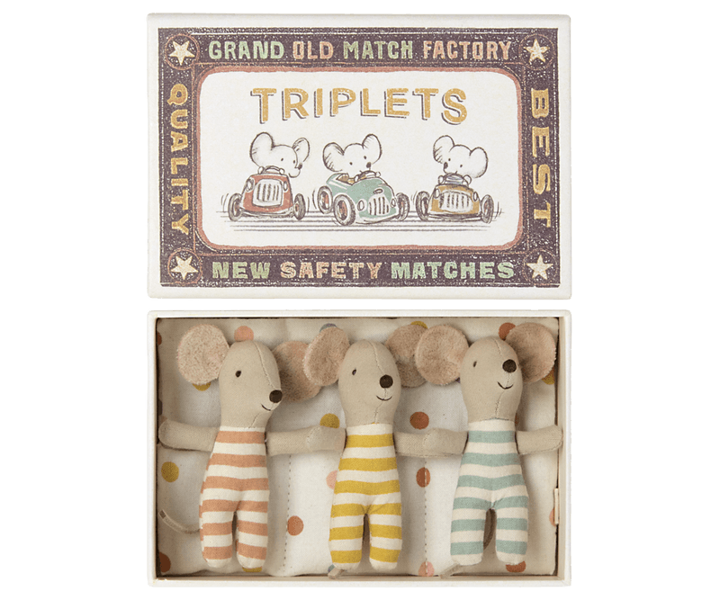 Baby Triplet mice in a matchbox in yellow, blue and orange outfits