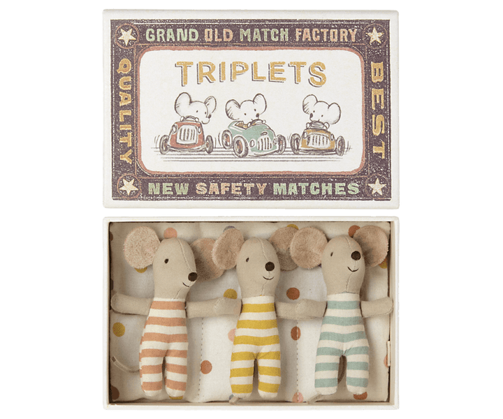 Baby Triplet mice in a matchbox in yellow, blue and orange outfits