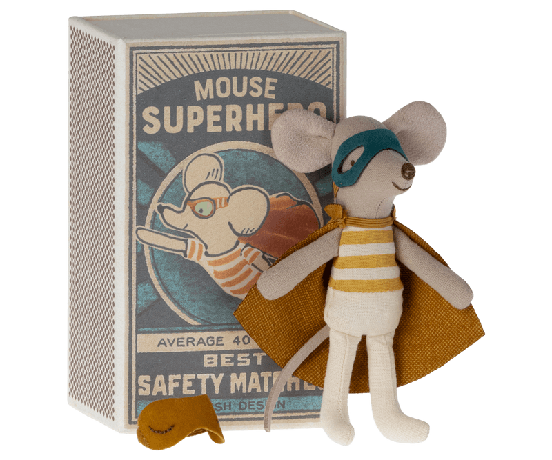 little brother mouse dressed as a super hero with yellow cape and blue mask. comes in a cardboard matchbox