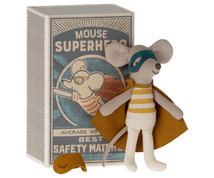 little brother mouse dressed as a super hero with yellow cape and blue mask. comes in a cardboard matchbox