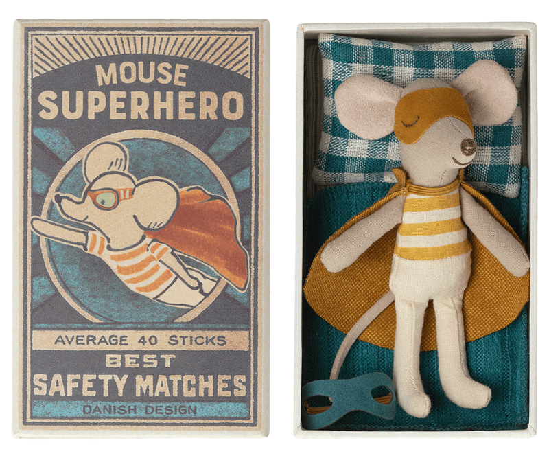 little brother mouse sleeping in a matchbox dressed as a superhero
