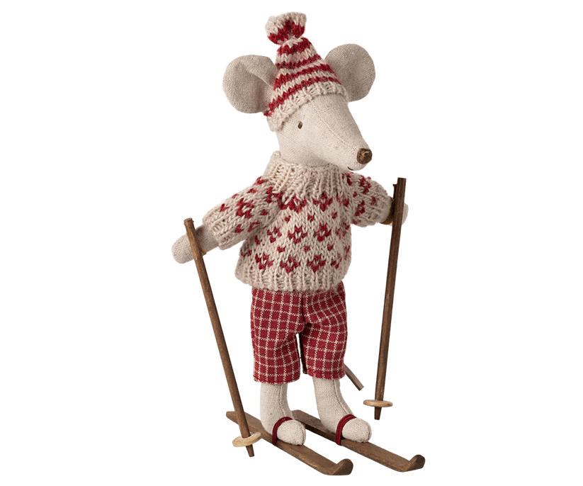 Ski mouse wearing a red and beige sweater and pants with skis