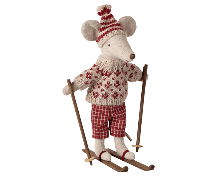 Ski mouse wearing a red and beige sweater and pants with skis