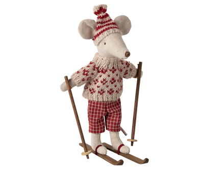 Ski mouse wearing a red and beige sweater and pants with skis