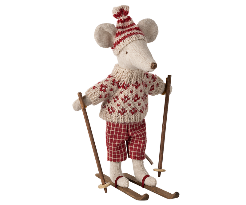 Ski mouse wearing a red and beige sweater and pants with skis