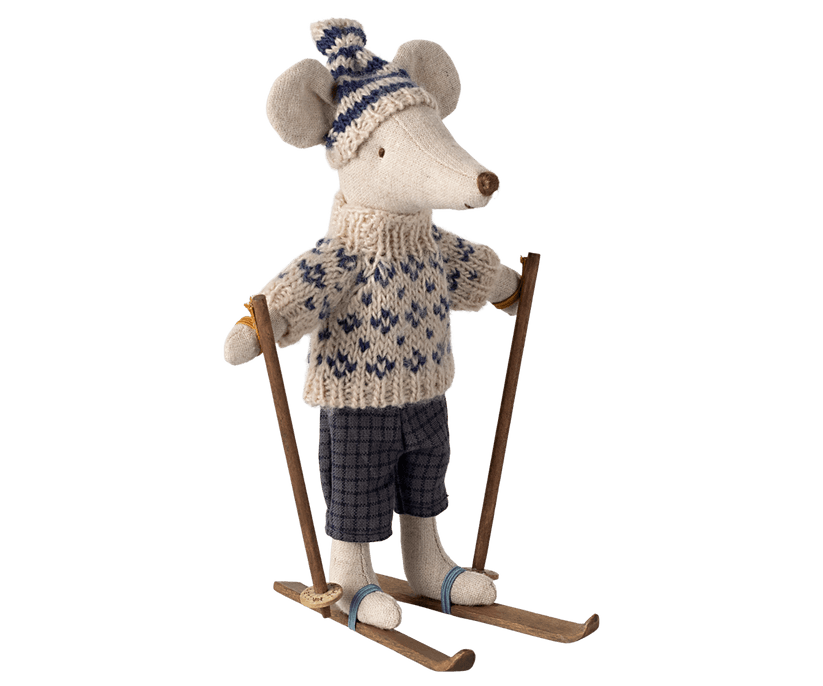 collectible mouse dressed in winter sweater and pants with skiis that are easily removable