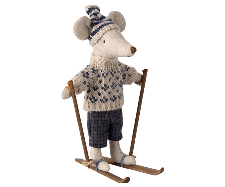 collectible mouse dressed in winter sweater and pants with skiis that are easily removable