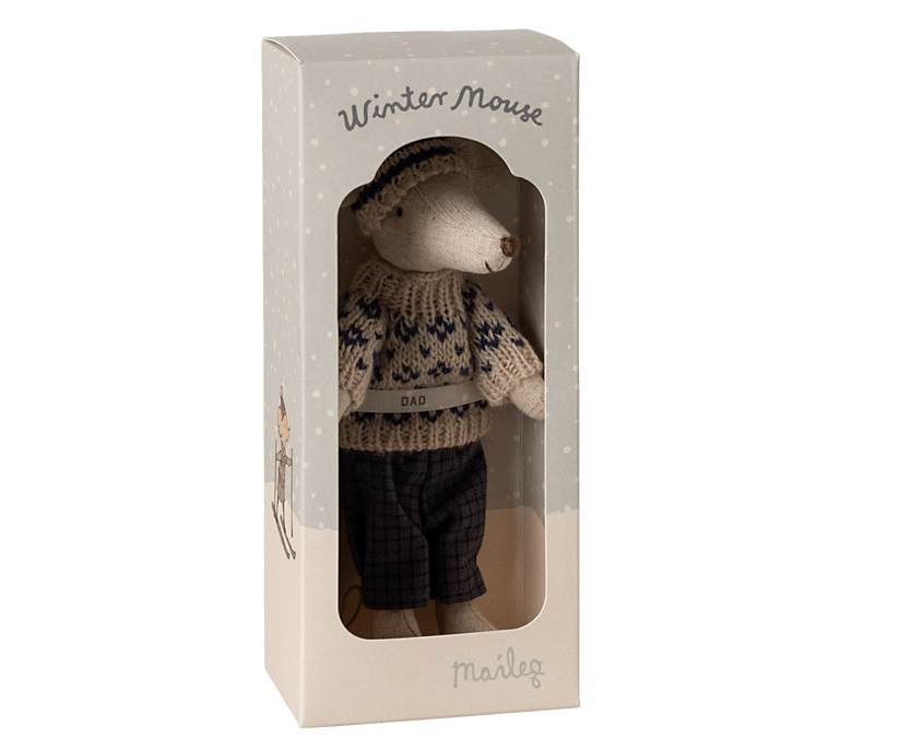 dad mouse dressed in winter attire in the packaging the mouse comes in. 
