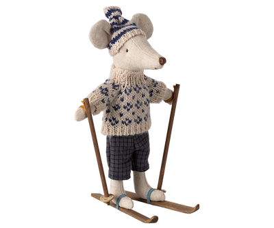 collectible mouse dressed in winter sweater and pants with skiis that are easily removable