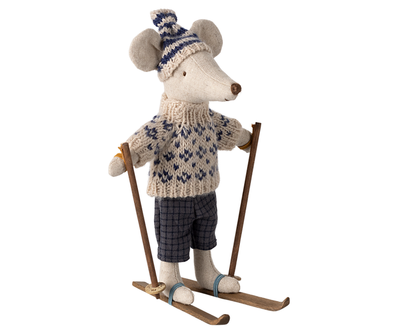 collectible mouse dressed in winter sweater and pants with skiis that are easily removable