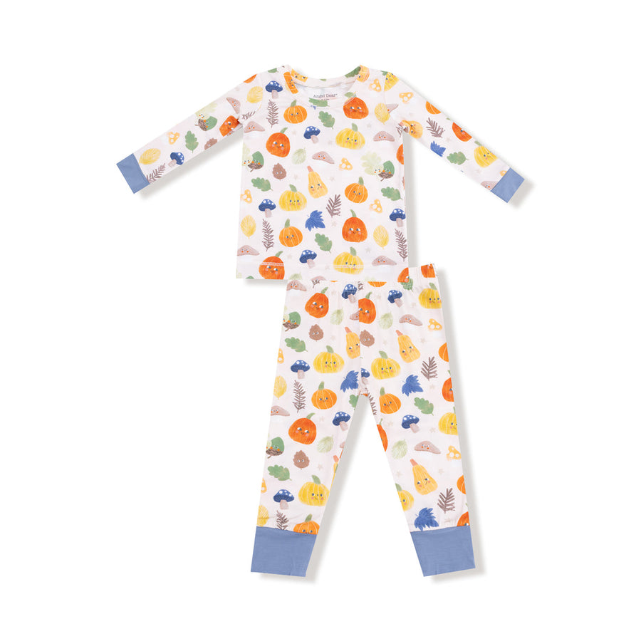Children's 2 piece loungewear set with colorful autumn pumpkin pattern on a white background