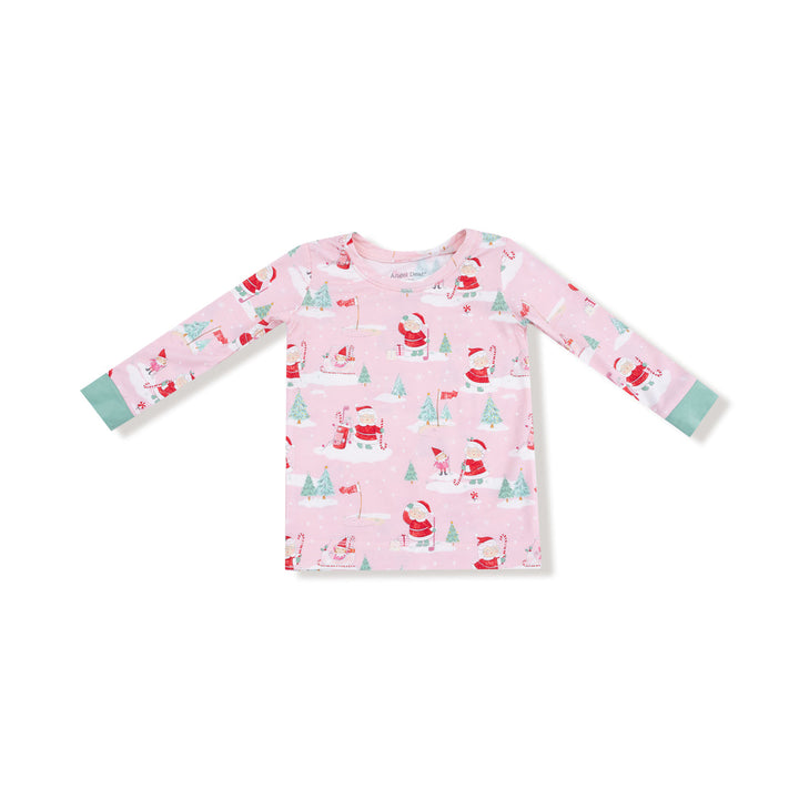 Pink long-sleeve shirt with Christmas-themed pattern on a white background