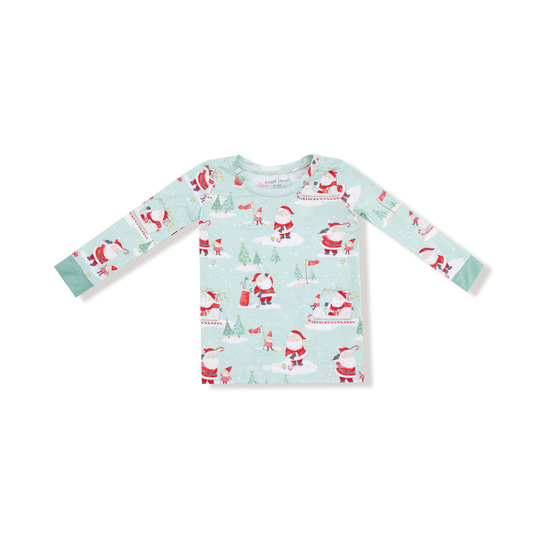 Children's long-sleeve shirt with Christmas-themed pattern on a white background