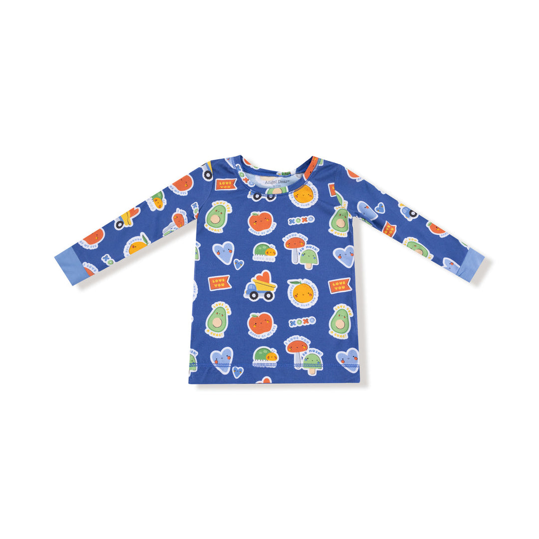 Blue children's long-sleeve shirt with colorful patterns on a white background