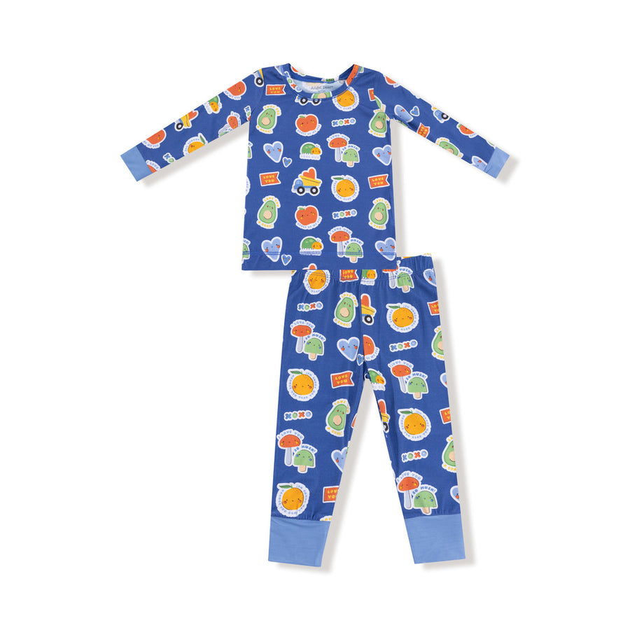 Children's pajama set with colorful pattern on a white background