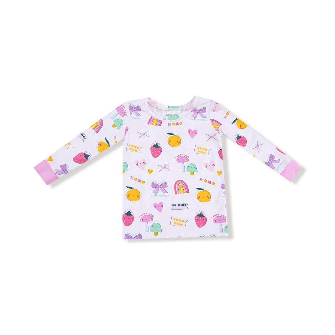 Children's long-sleeve shirt with colorful patterns on a white background