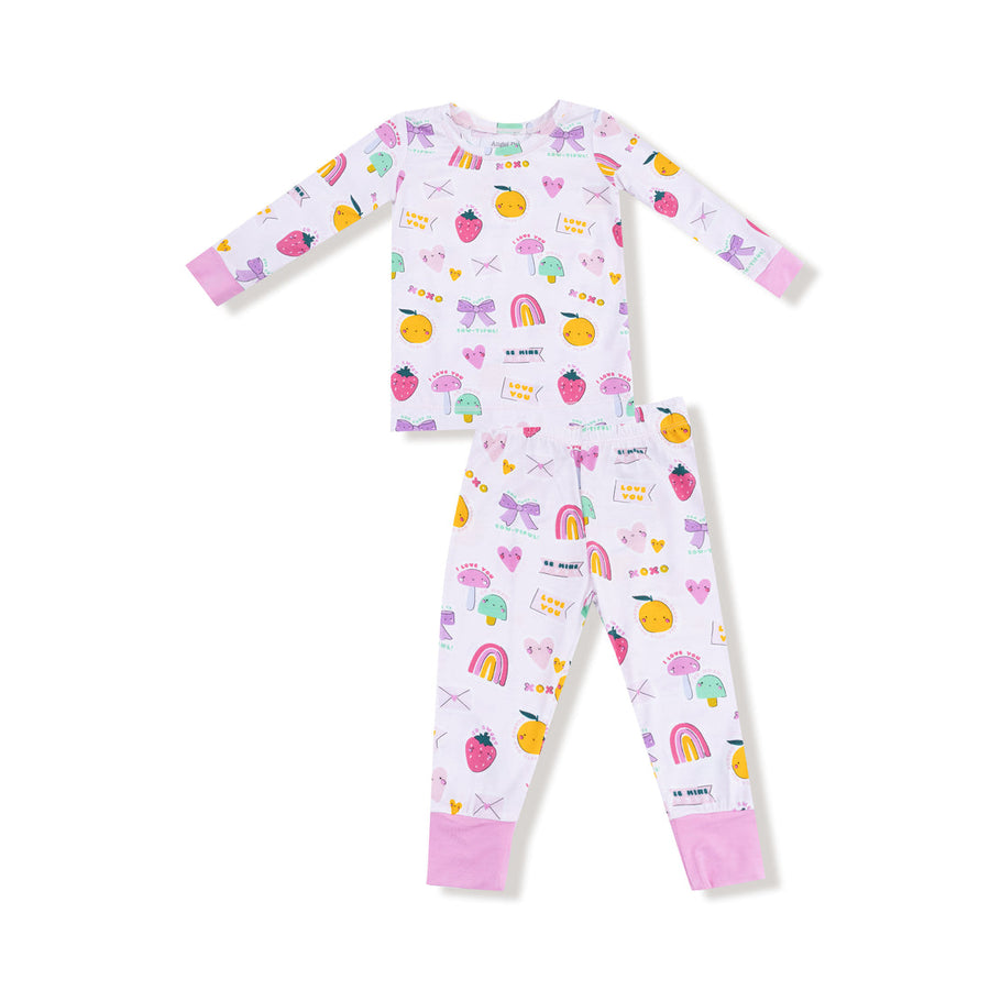 Children's pajama set with colorful pattern on a white background