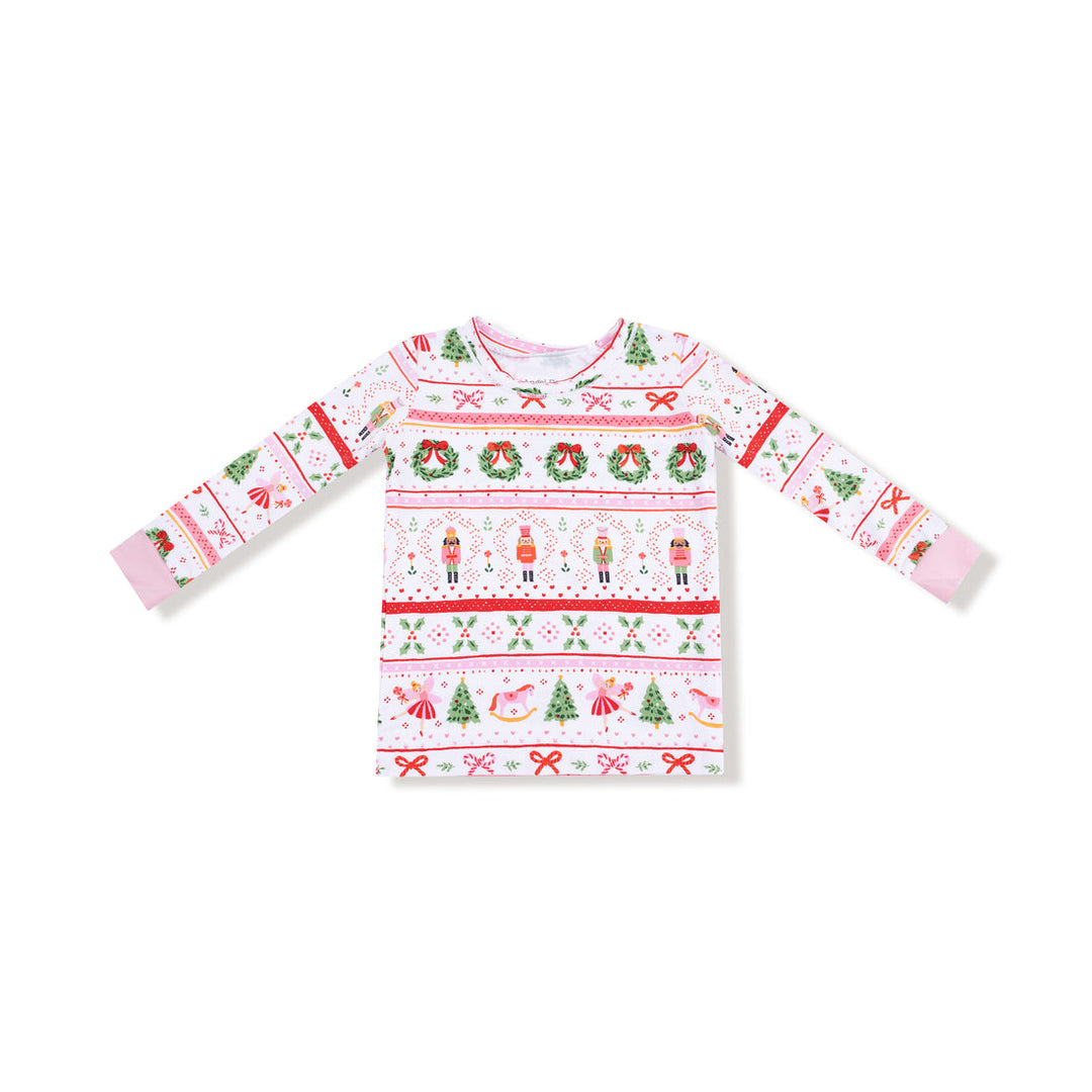 Children's long-sleeve shirt with Christmas pattern on a white background