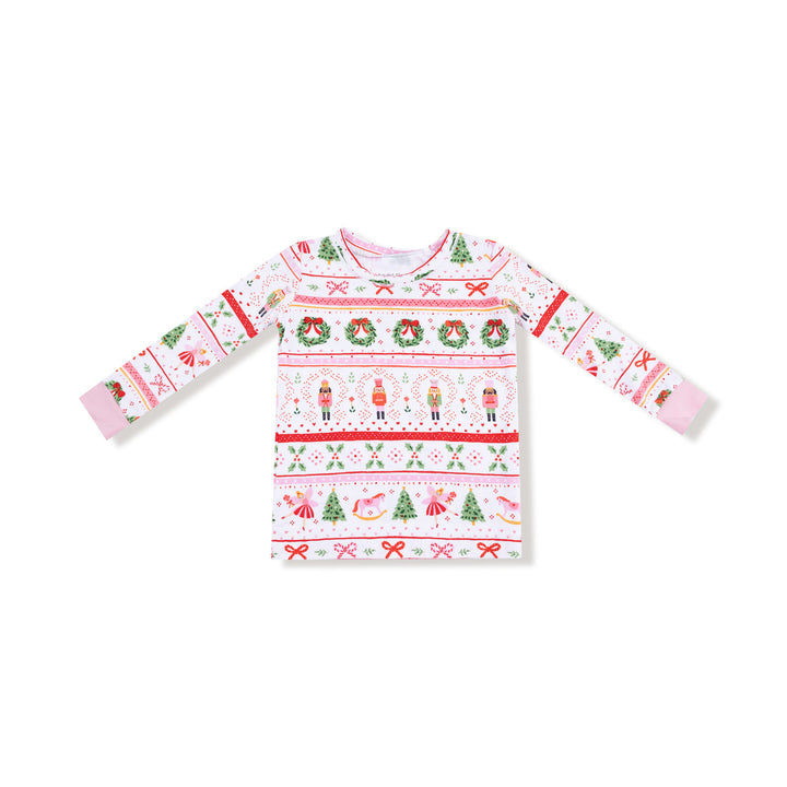 Children's long-sleeve shirt with Christmas pattern on a white background