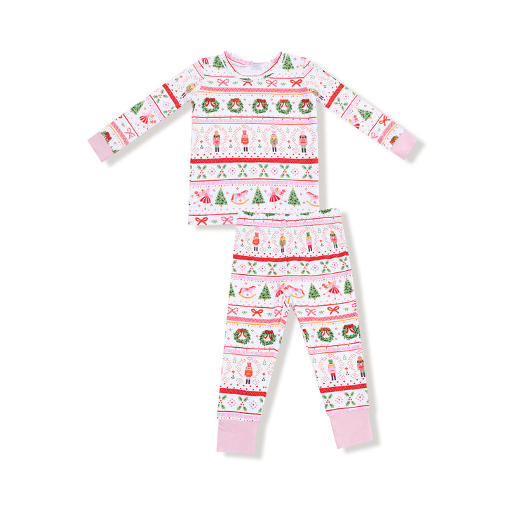 Children's Christmas-themed pajama set with pink accents on a white background