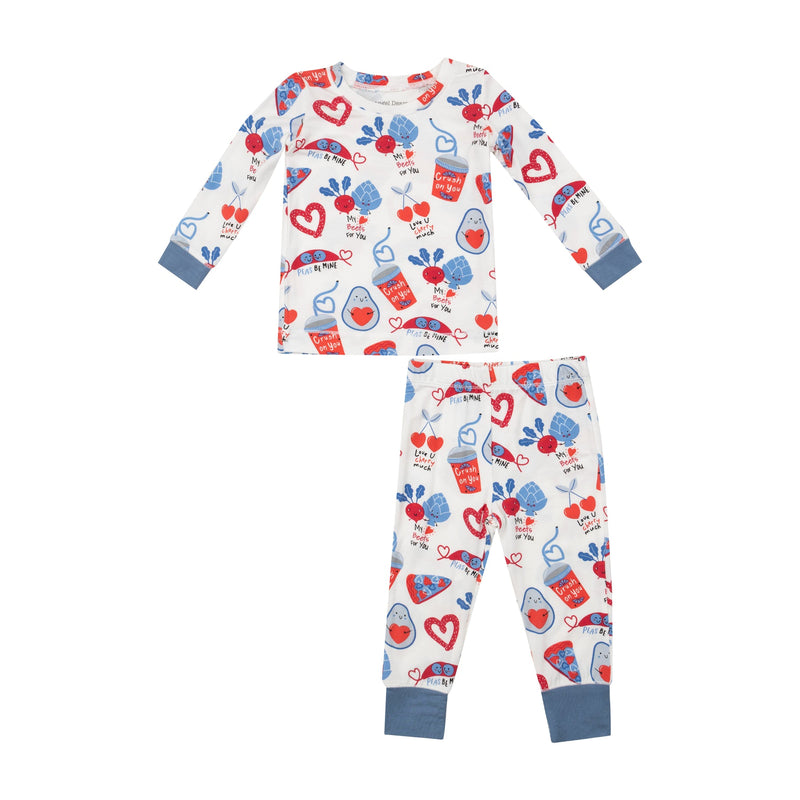 2 piece lounge set, ivory with red and blue valentines print: food smiling and holding hearts. 