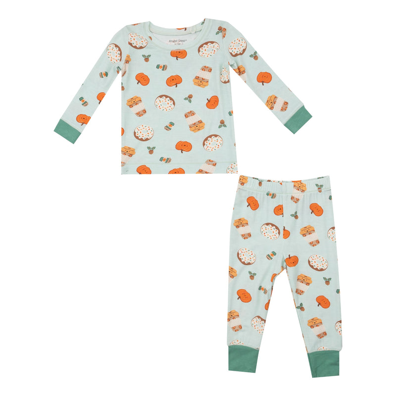 2 piece loungewear set for kids: sage green background with pumpkin spice latte theme: doughnuts, pumpkins and lattes all over. 