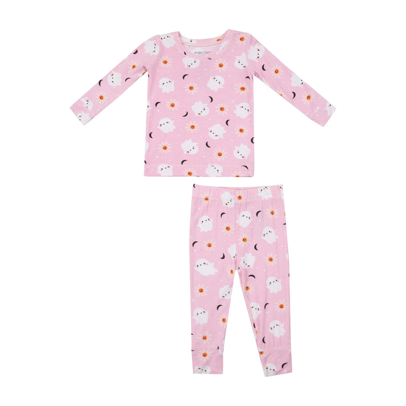 girls loungewear set , pink with white ghosts and moons on them.