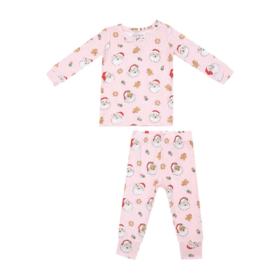 pink loungewear set with vintage santas and cookie all over print. 