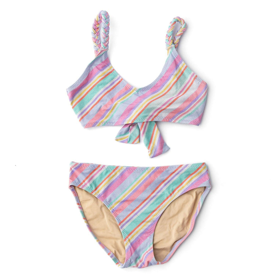 shimmer striped two piece bathing suit. the top has a a rope strap and ties in the back 