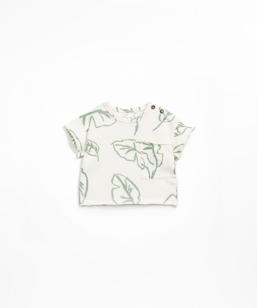 Beige t-shirt with sage green leaf print all over the tee. front pocket on the tee and 2 buttons at the neckline. 
