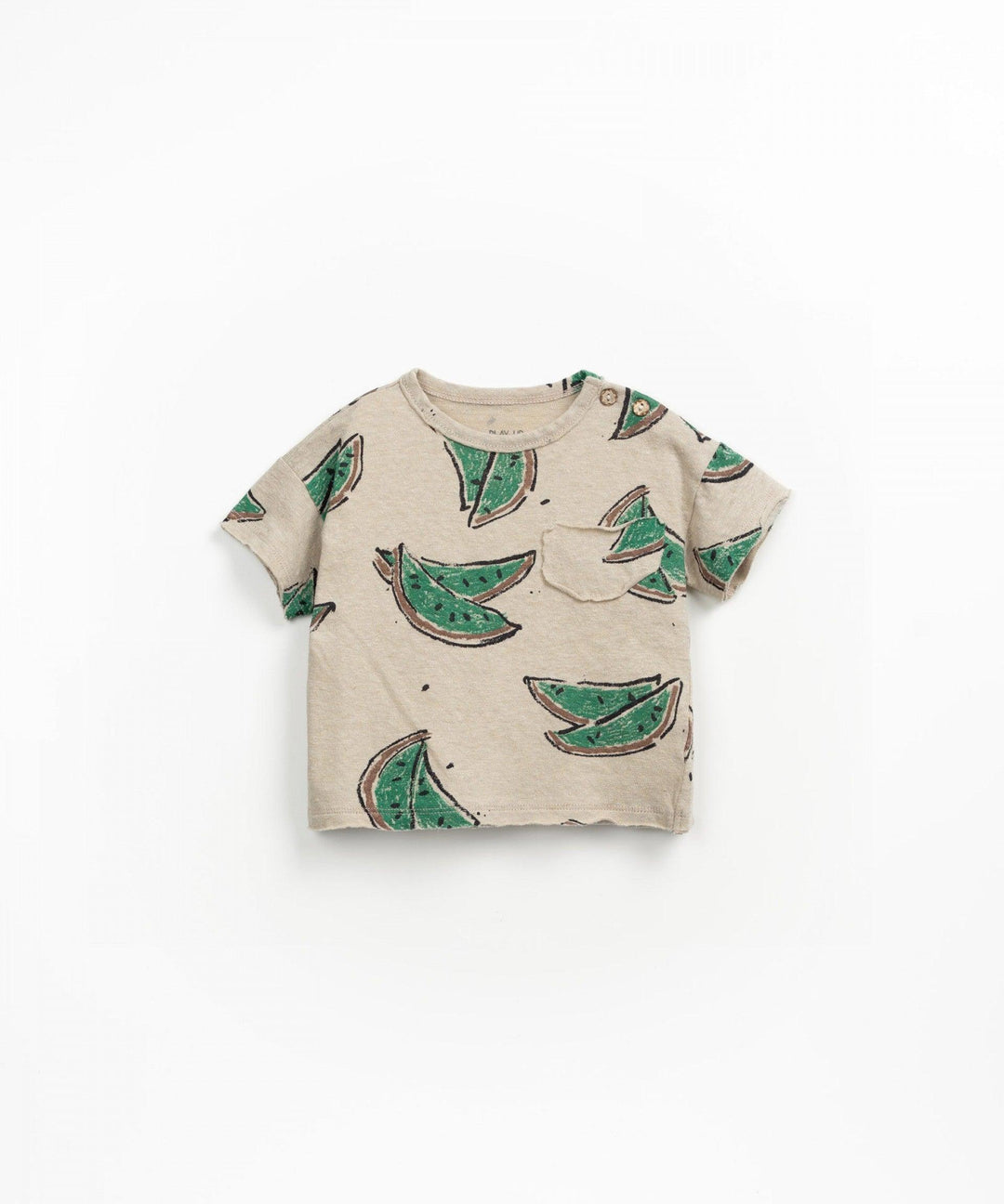 beige t-shirt with green watermelon pieces. 