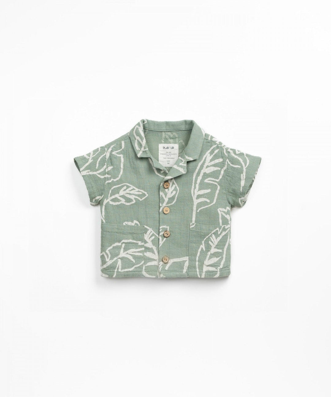 button down sage green baby boy top with notch in the collar. ivory leaf print. 