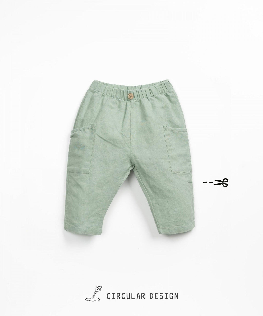 green linen baby boy trousers with pockets on the side and button at the waist band. 