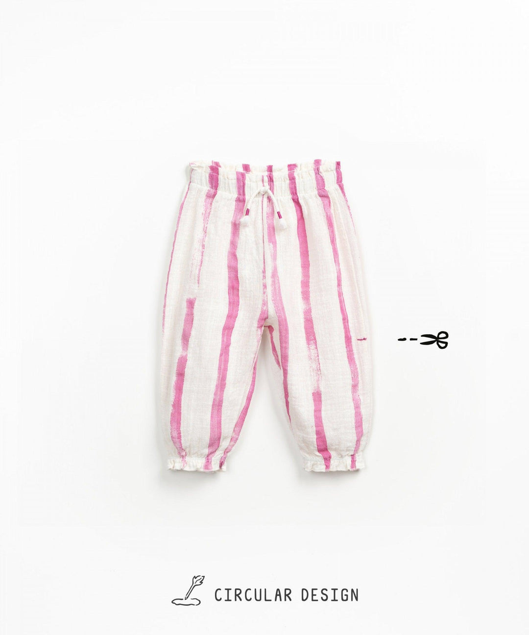 elastic waisted pants with elastic bottoms. white pants with dark pink vertical stripes going down the pants. 
