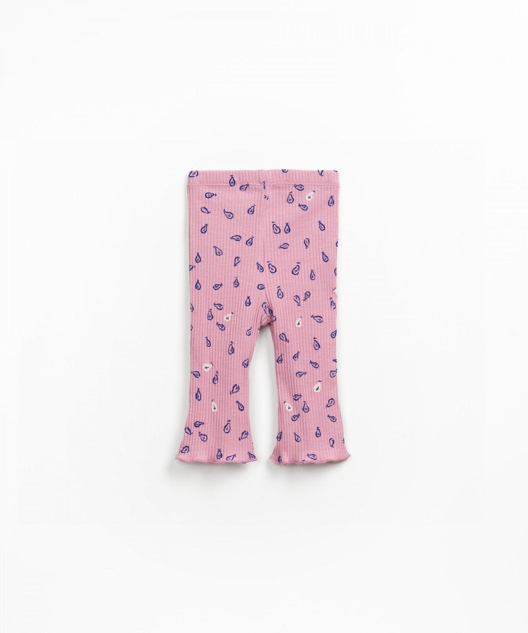baby girl ribbed pants with ruffle at the bottom, pink color and bright blue leaf pattern on the pants. 